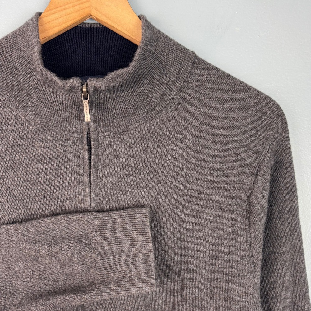 Brooks Brothers Men XL Gray Extra Fine Merino Wool Quarter Zip Mock Neck Sweater